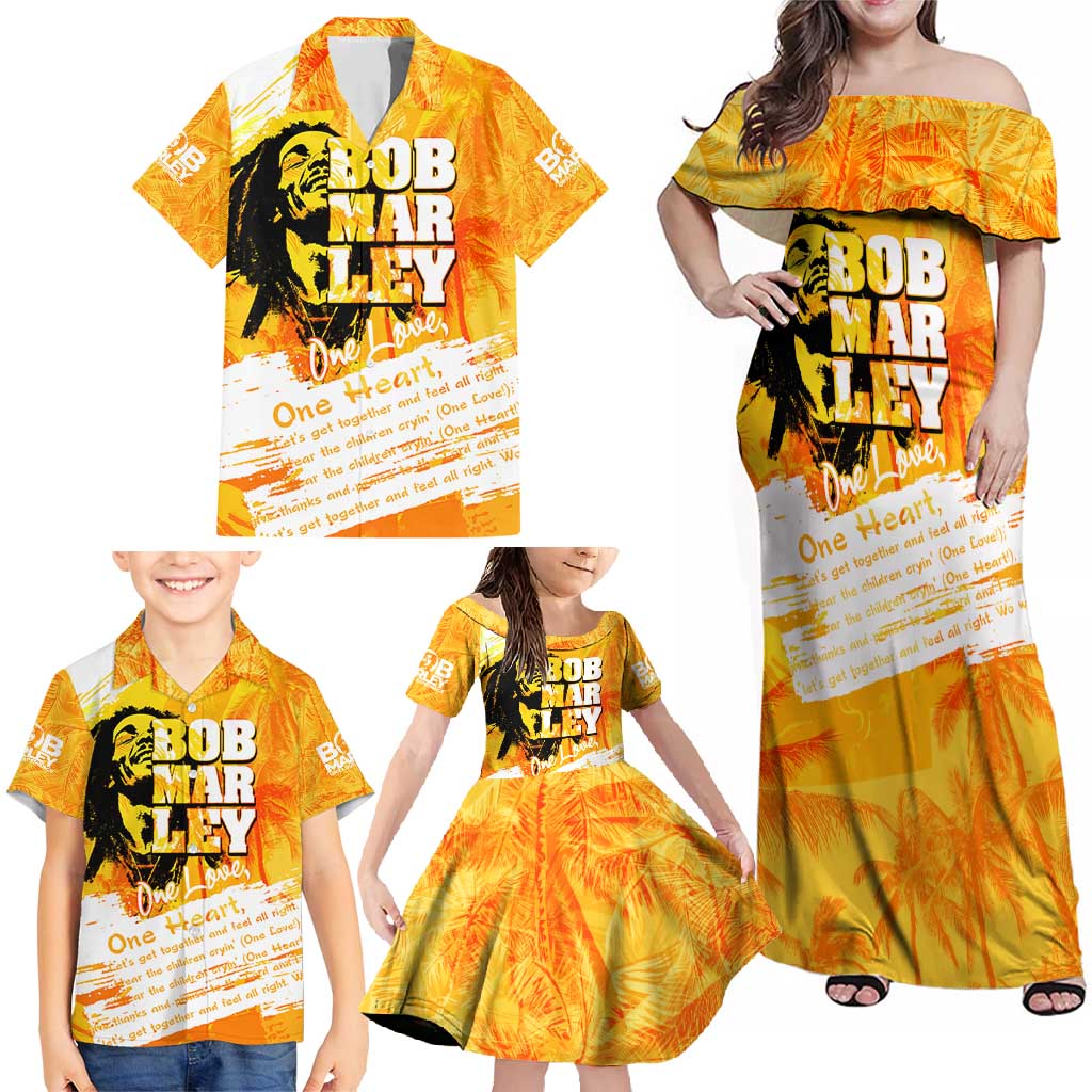 Legend Bob Reggae Family Matching Off Shoulder Maxi Dress and Hawaiian Shirt One Love One Heart Tropical Leaf