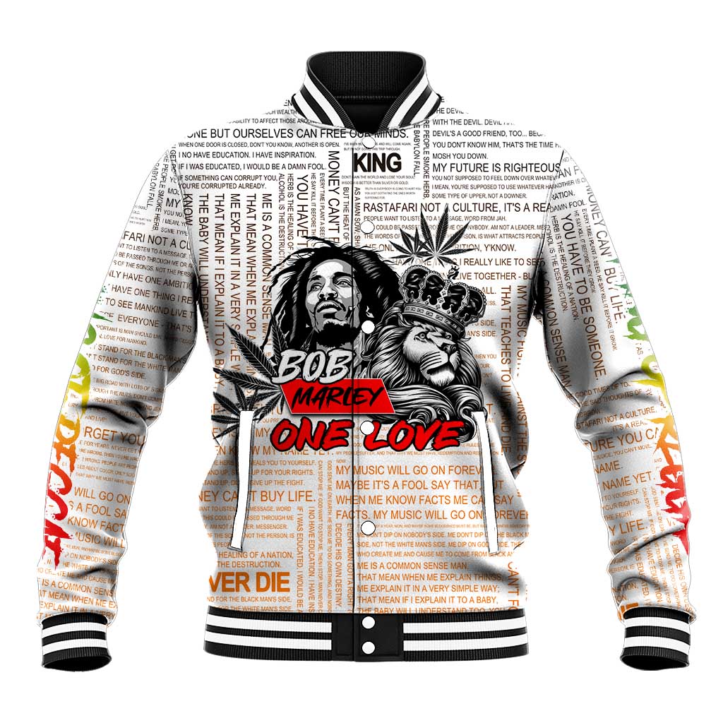 King of Reggae Legend Bob Baseball Jacket Lion Rastafari Cannabis Typography Style