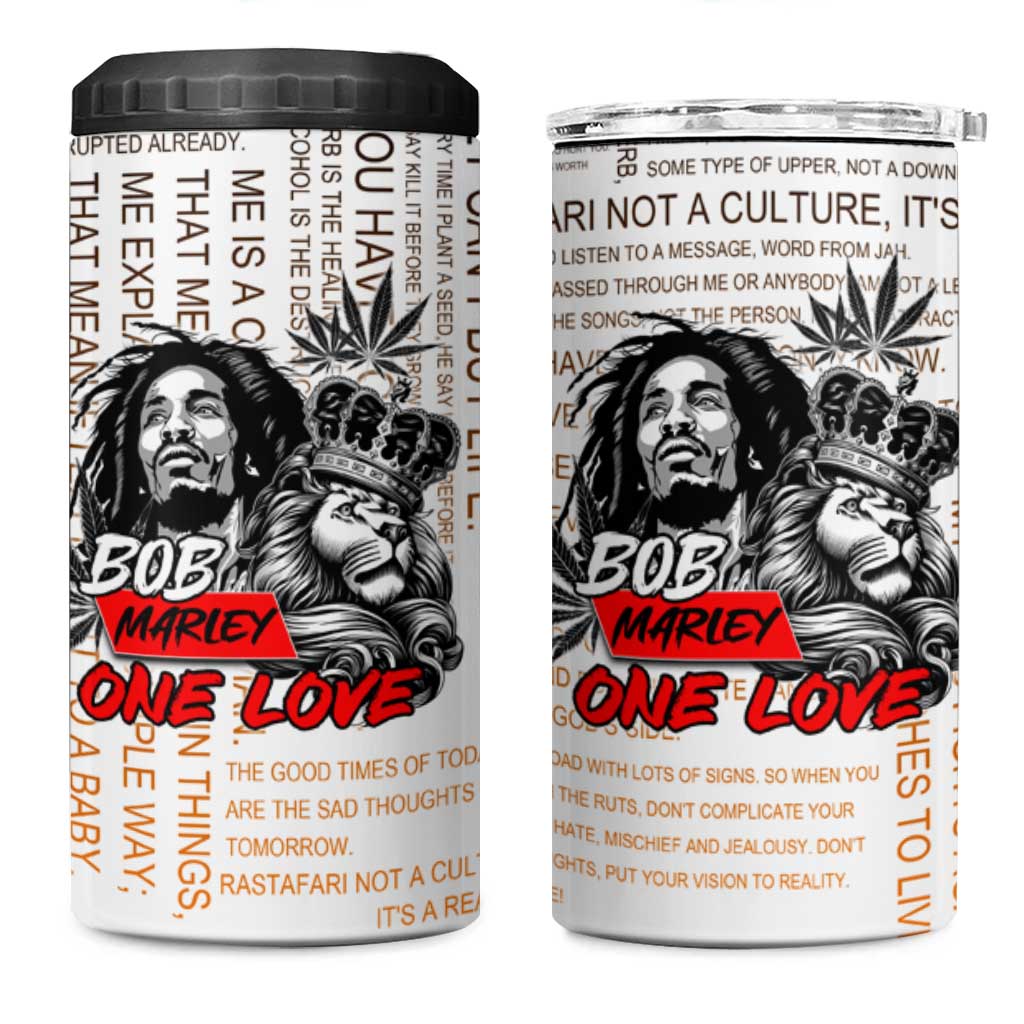 King of Reggae Legend Bob 4 in 1 Can Cooler Tumbler Lion Rastafari Cannabis Typography Style