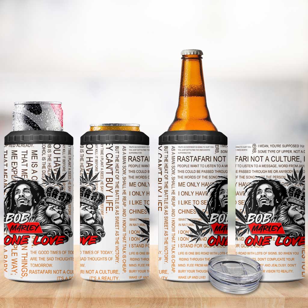 King of Reggae Legend Bob 4 in 1 Can Cooler Tumbler Lion Rastafari Cannabis Typography Style