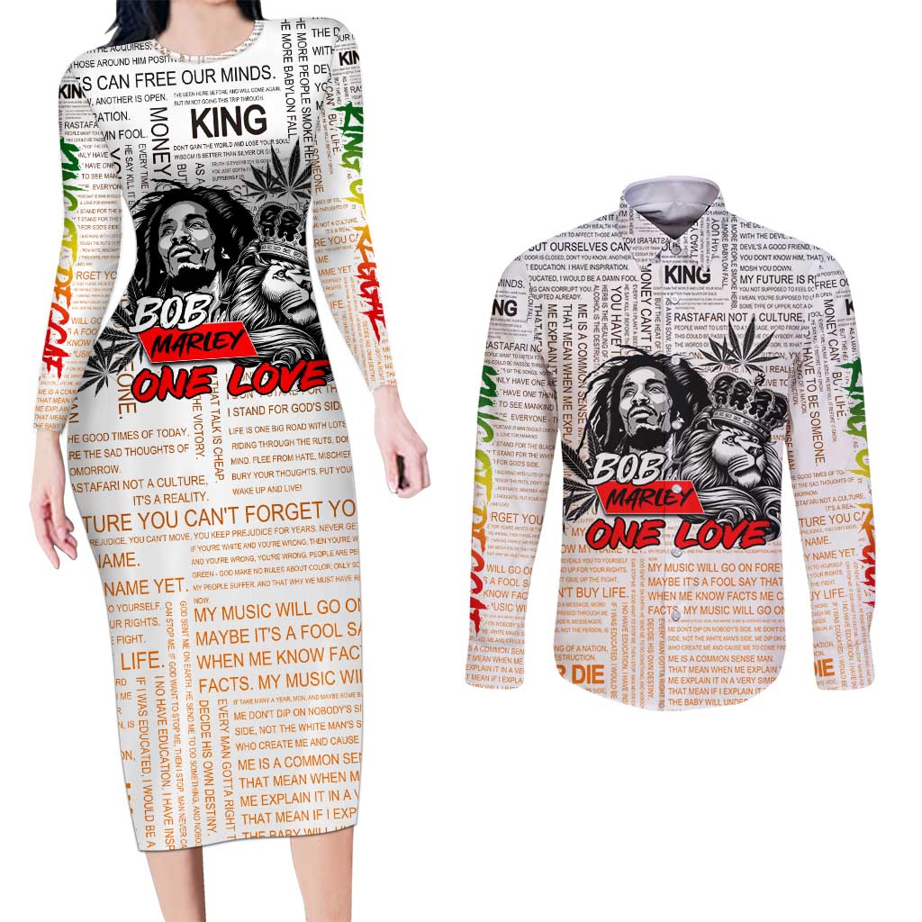 King of Reggae Legend Bob Couples Matching Long Sleeve Bodycon Dress and Long Sleeve Button Shirt Lion Rastafari Cannabis Typography Style