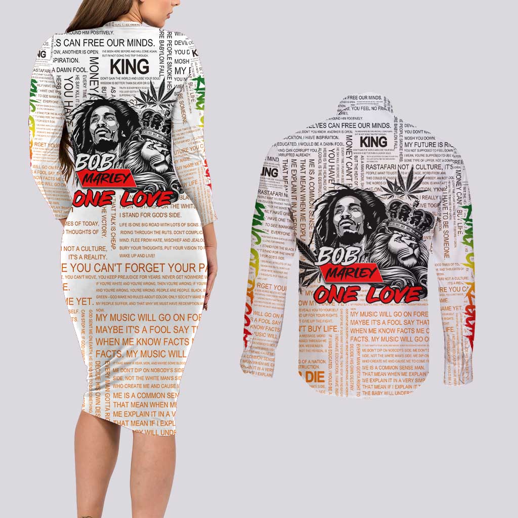 King of Reggae Legend Bob Couples Matching Long Sleeve Bodycon Dress and Long Sleeve Button Shirt Lion Rastafari Cannabis Typography Style