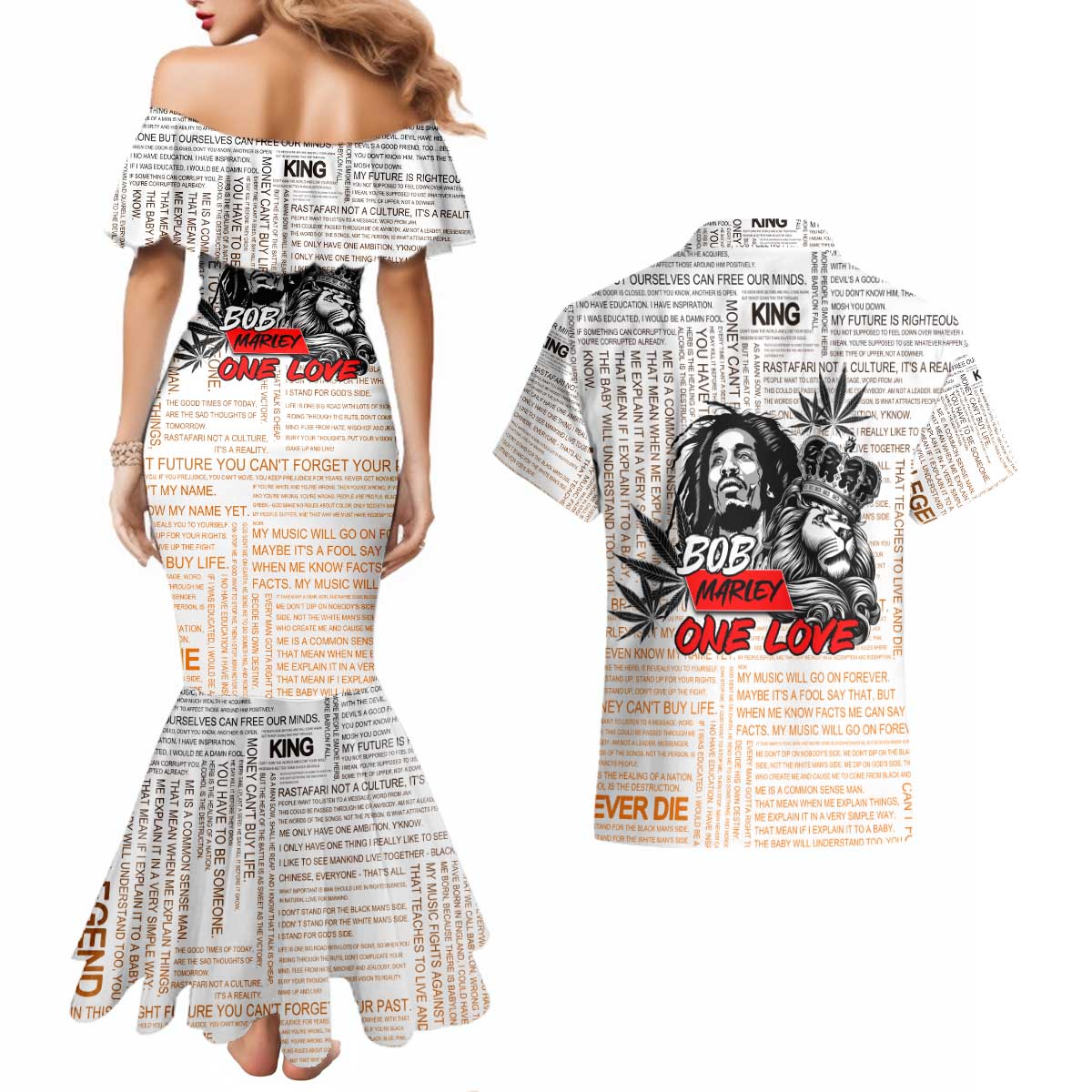 King of Reggae Legend Bob Couples Matching Mermaid Dress and Hawaiian Shirt Lion Rastafari Cannabis Typography Style