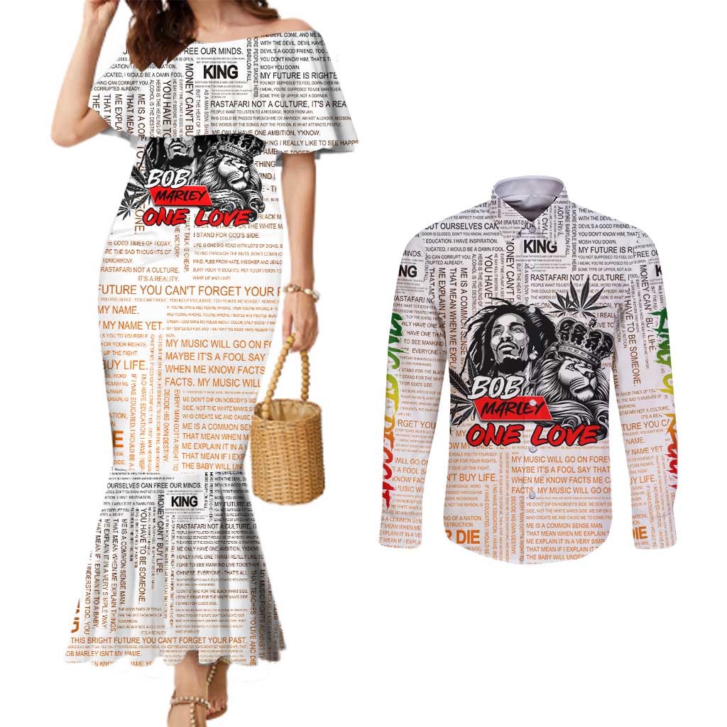 King of Reggae Legend Bob Couples Matching Mermaid Dress and Long Sleeve Button Shirt Lion Rastafari Cannabis Typography Style