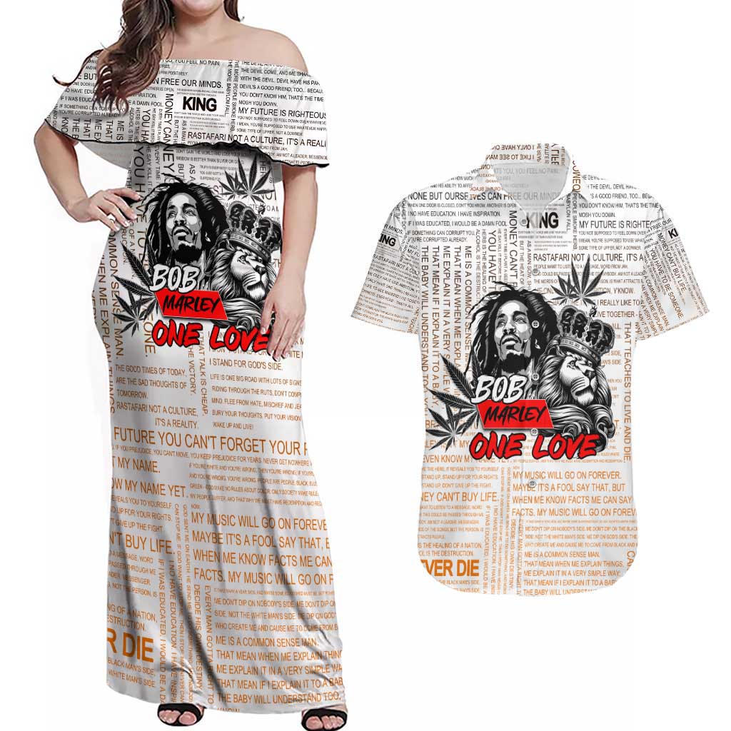 King of Reggae Legend Bob Couples Matching Off Shoulder Maxi Dress and Hawaiian Shirt Lion Rastafari Cannabis Typography Style
