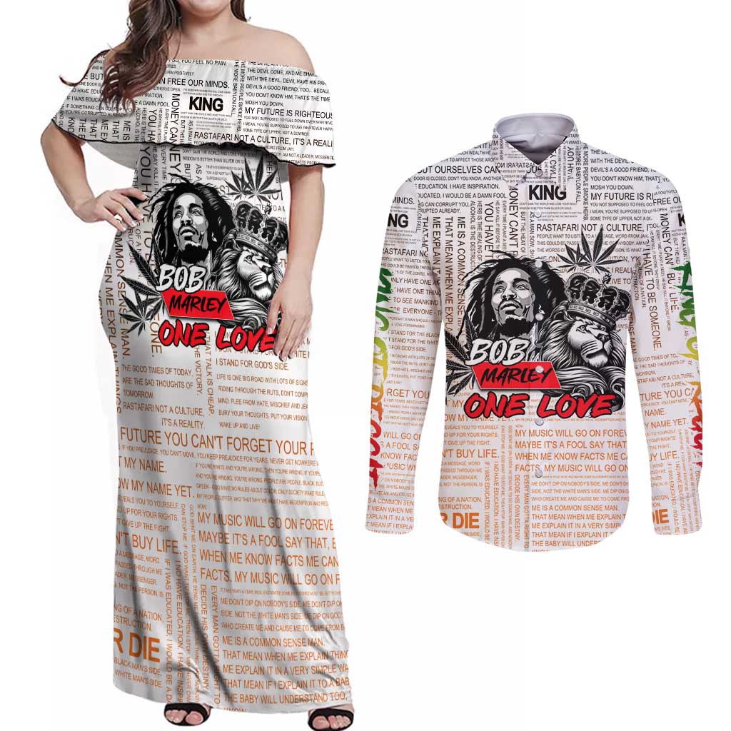 King of Reggae Legend Bob Couples Matching Off Shoulder Maxi Dress and Long Sleeve Button Shirt Lion Rastafari Cannabis Typography Style
