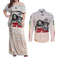 King of Reggae Legend Bob Couples Matching Off Shoulder Maxi Dress and Long Sleeve Button Shirt Lion Rastafari Cannabis Typography Style