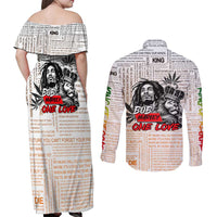 King of Reggae Legend Bob Couples Matching Off Shoulder Maxi Dress and Long Sleeve Button Shirt Lion Rastafari Cannabis Typography Style