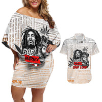 King of Reggae Legend Bob Couples Matching Off Shoulder Short Dress and Hawaiian Shirt Lion Rastafari Cannabis Typography Style
