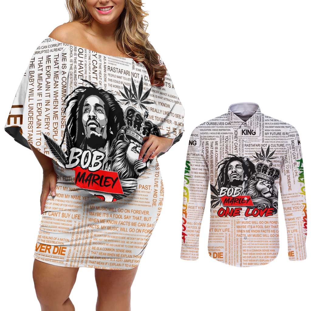 King of Reggae Legend Bob Couples Matching Off Shoulder Short Dress and Long Sleeve Button Shirt Lion Rastafari Cannabis Typography Style