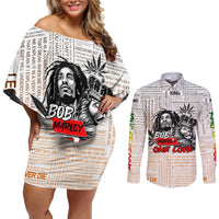 King of Reggae Legend Bob Couples Matching Off Shoulder Short Dress and Long Sleeve Button Shirt Lion Rastafari Cannabis Typography Style