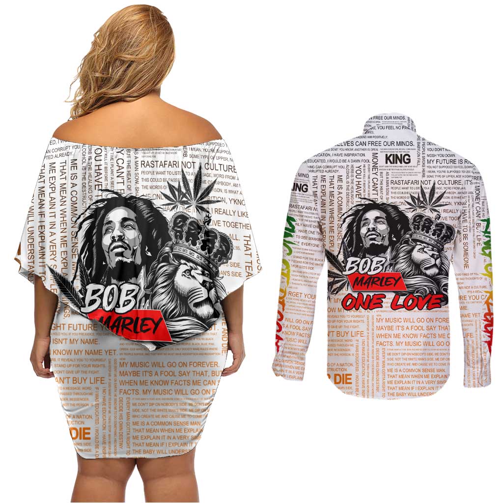King of Reggae Legend Bob Couples Matching Off Shoulder Short Dress and Long Sleeve Button Shirt Lion Rastafari Cannabis Typography Style