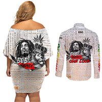 King of Reggae Legend Bob Couples Matching Off Shoulder Short Dress and Long Sleeve Button Shirt Lion Rastafari Cannabis Typography Style