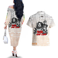 King of Reggae Legend Bob Couples Matching Off The Shoulder Long Sleeve Dress and Hawaiian Shirt Lion Rastafari Cannabis Typography Style