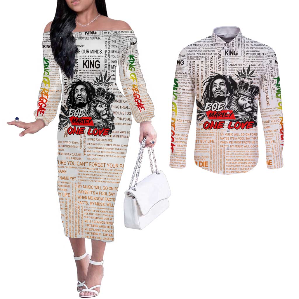 King of Reggae Legend Bob Couples Matching Off The Shoulder Long Sleeve Dress and Long Sleeve Button Shirt Lion Rastafari Cannabis Typography Style
