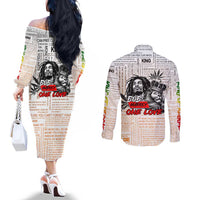 King of Reggae Legend Bob Couples Matching Off The Shoulder Long Sleeve Dress and Long Sleeve Button Shirt Lion Rastafari Cannabis Typography Style