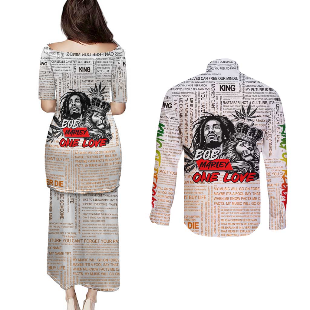 King of Reggae Legend Bob Couples Matching Puletasi and Long Sleeve Button Shirt Lion Rastafari Cannabis Typography Style