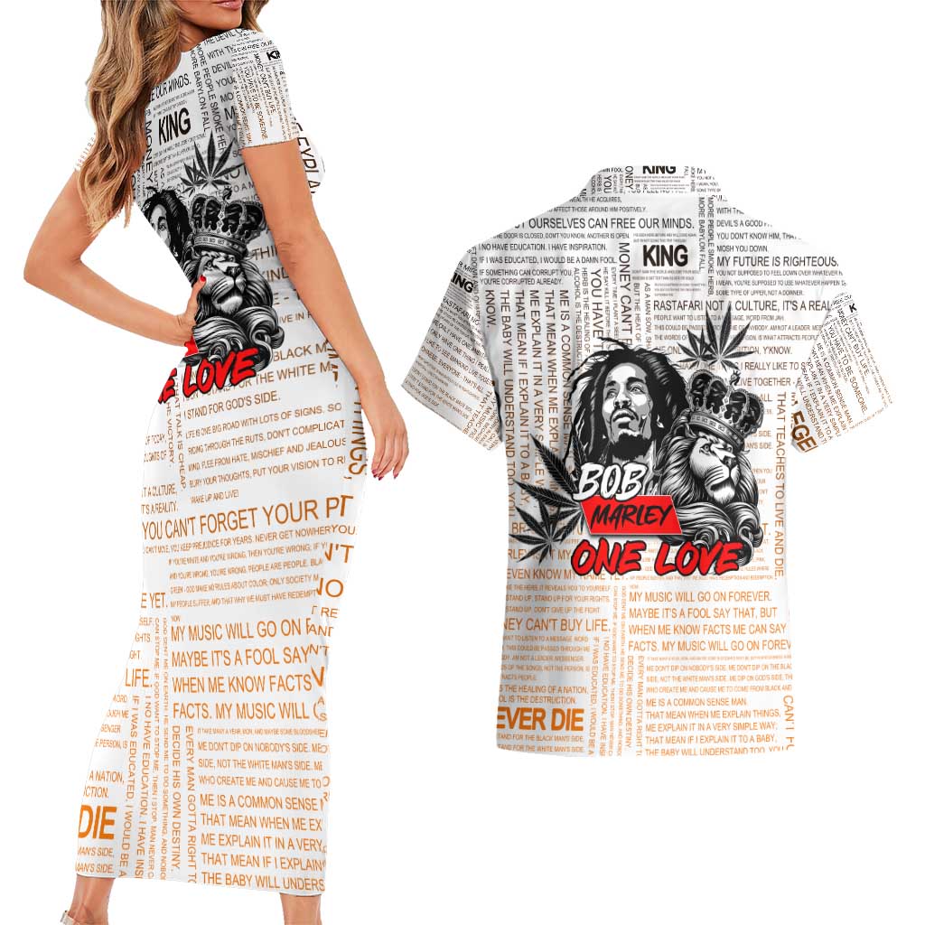 King of Reggae Legend Bob Couples Matching Short Sleeve Bodycon Dress and Hawaiian Shirt Lion Rastafari Cannabis Typography Style