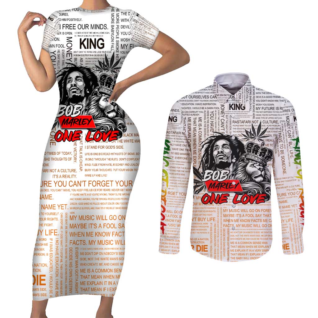 King of Reggae Legend Bob Couples Matching Short Sleeve Bodycon Dress and Long Sleeve Button Shirt Lion Rastafari Cannabis Typography Style