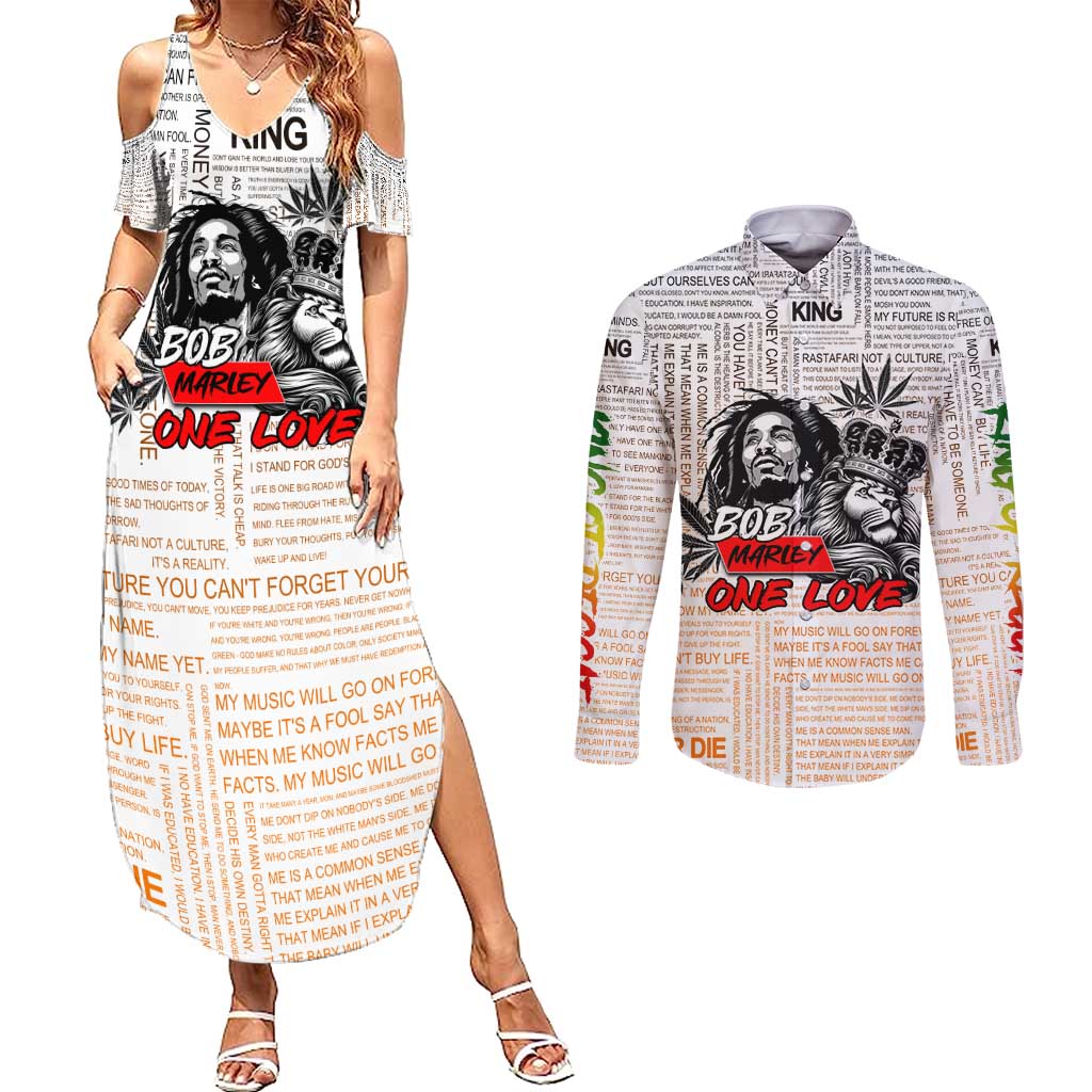 King of Reggae Legend Bob Couples Matching Summer Maxi Dress and Long Sleeve Button Shirt Lion Rastafari Cannabis Typography Style