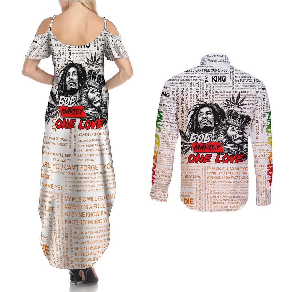 King of Reggae Legend Bob Couples Matching Summer Maxi Dress and Long Sleeve Button Shirt Lion Rastafari Cannabis Typography Style