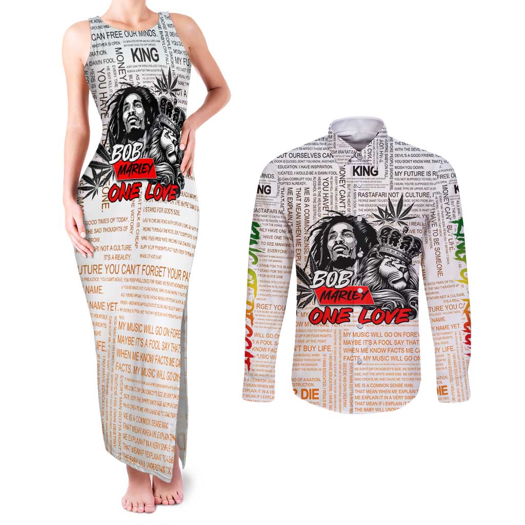 King of Reggae Legend Bob Couples Matching Tank Maxi Dress and Long Sleeve Button Shirt Lion Rastafari Cannabis Typography Style