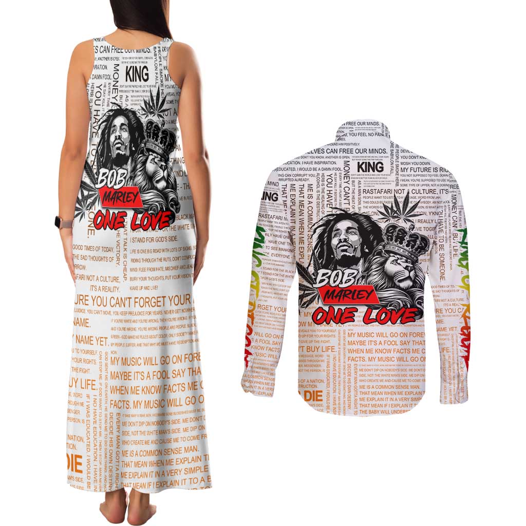 King of Reggae Legend Bob Couples Matching Tank Maxi Dress and Long Sleeve Button Shirt Lion Rastafari Cannabis Typography Style
