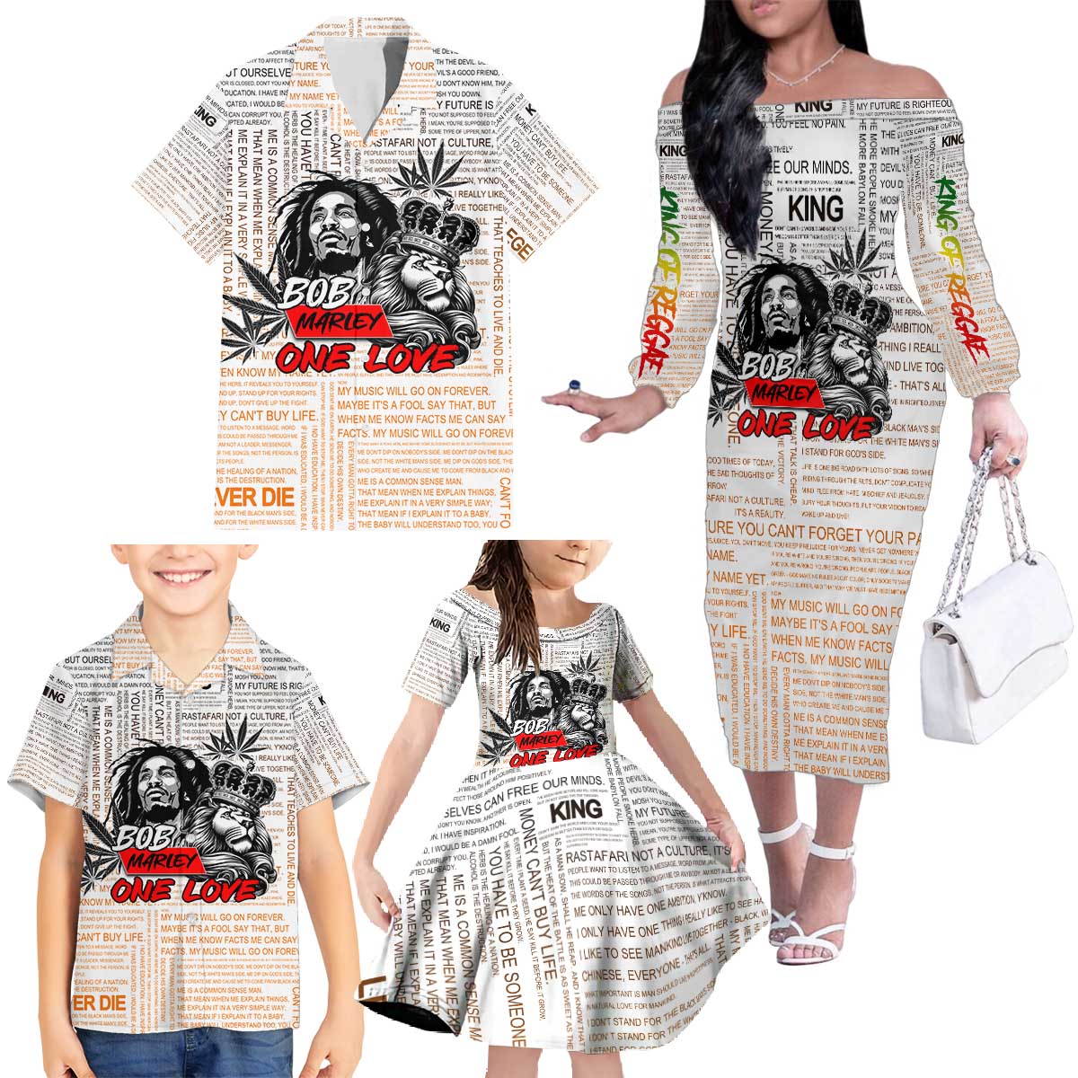 King of Reggae Legend Bob Family Matching Off The Shoulder Long Sleeve Dress and Hawaiian Shirt Lion Rastafari Cannabis Typography Style