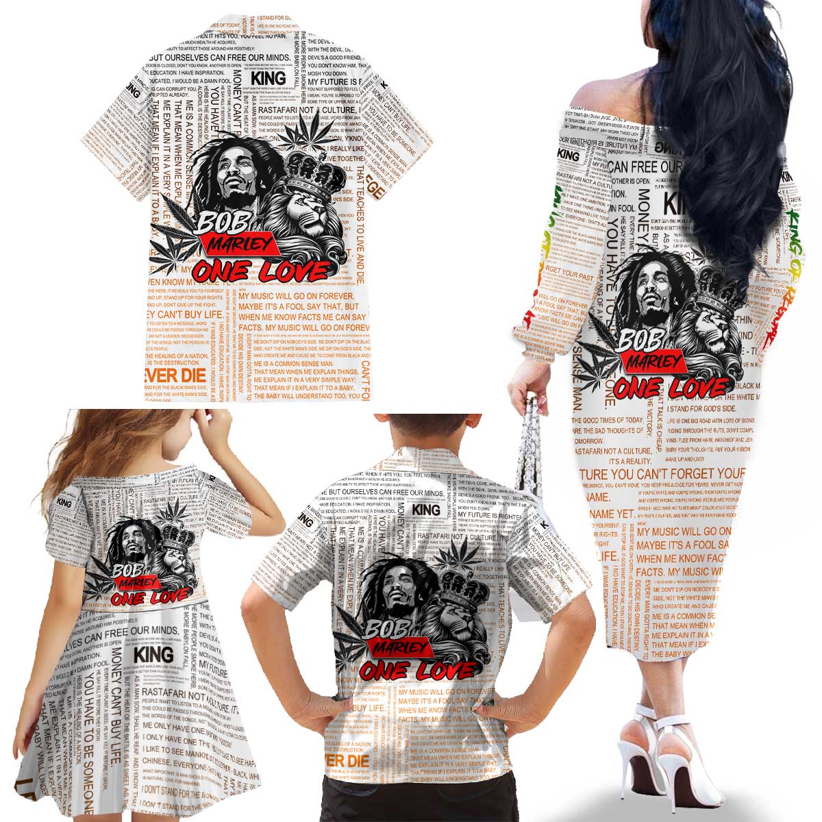 King of Reggae Legend Bob Family Matching Off The Shoulder Long Sleeve Dress and Hawaiian Shirt Lion Rastafari Cannabis Typography Style