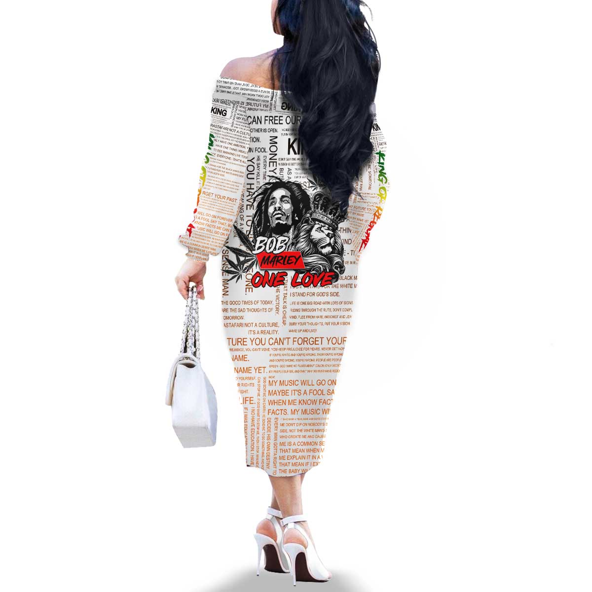 King of Reggae Legend Bob Family Matching Off The Shoulder Long Sleeve Dress and Hawaiian Shirt Lion Rastafari Cannabis Typography Style