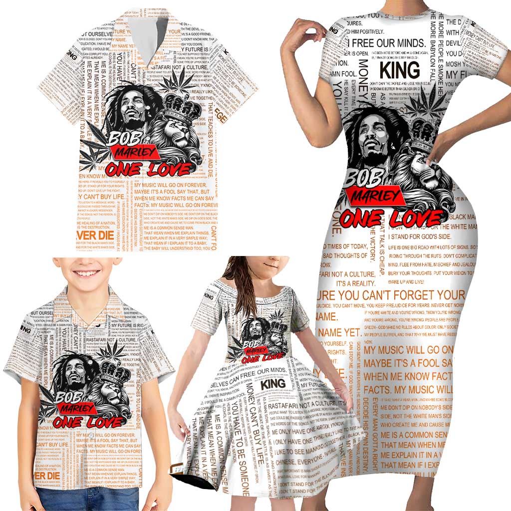 King of Reggae Legend Bob Family Matching Short Sleeve Bodycon Dress and Hawaiian Shirt Lion Rastafari Cannabis Typography Style