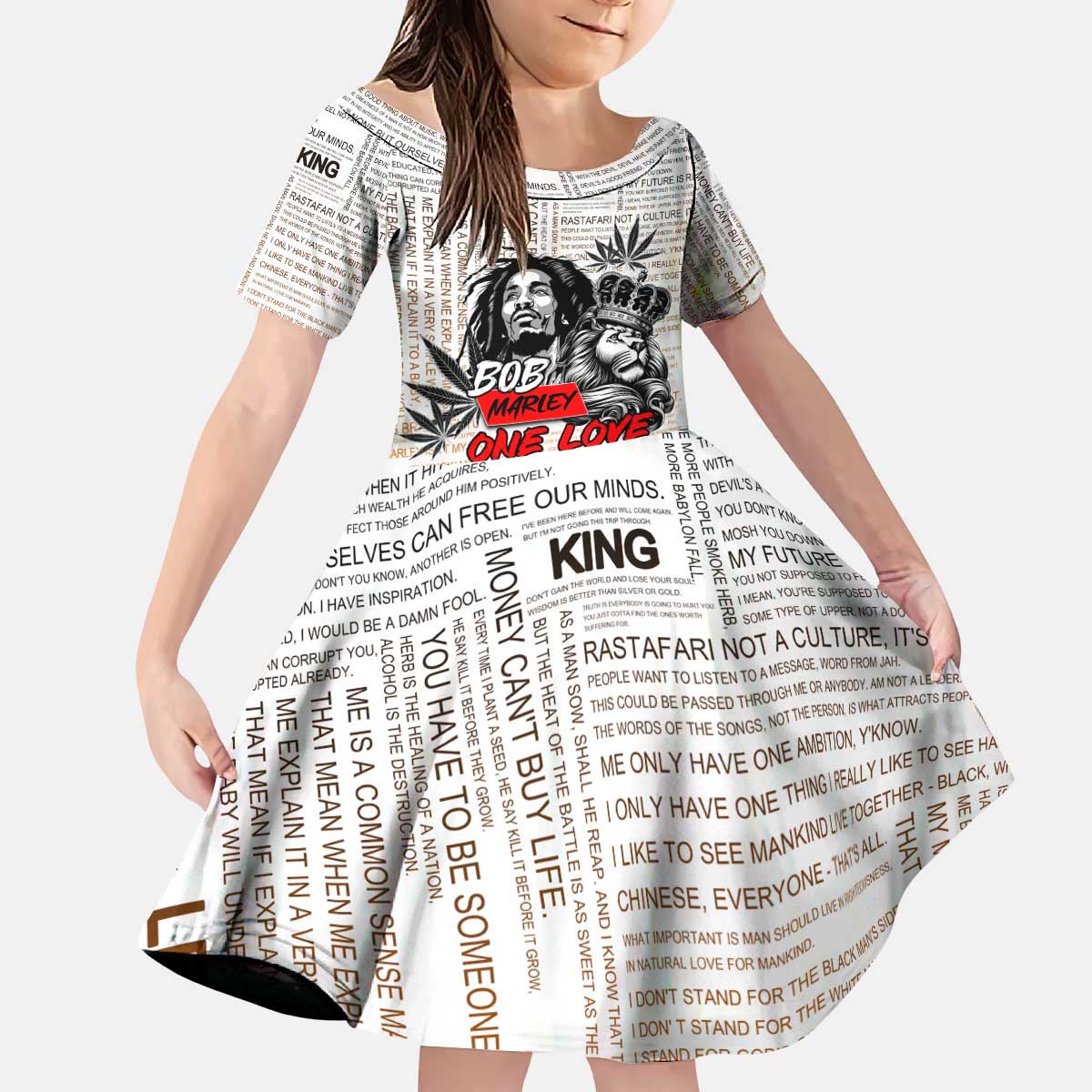 King of Reggae Legend Bob Kid Short Sleeve Dress Lion Rastafari Cannabis Typography Style
