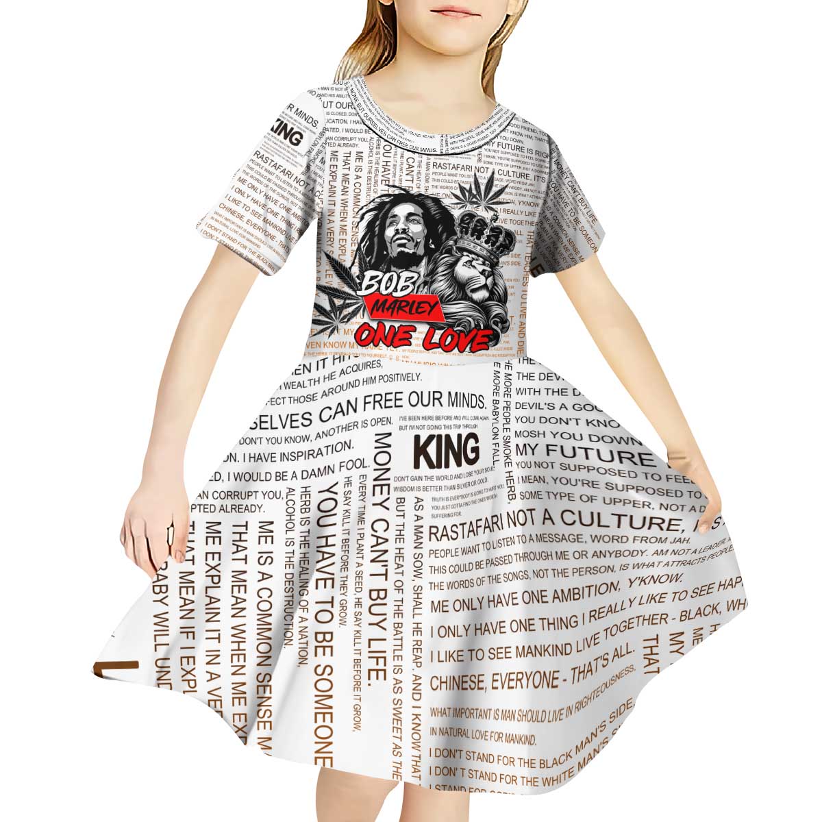 King of Reggae Legend Bob Kid Short Sleeve Dress Lion Rastafari Cannabis Typography Style