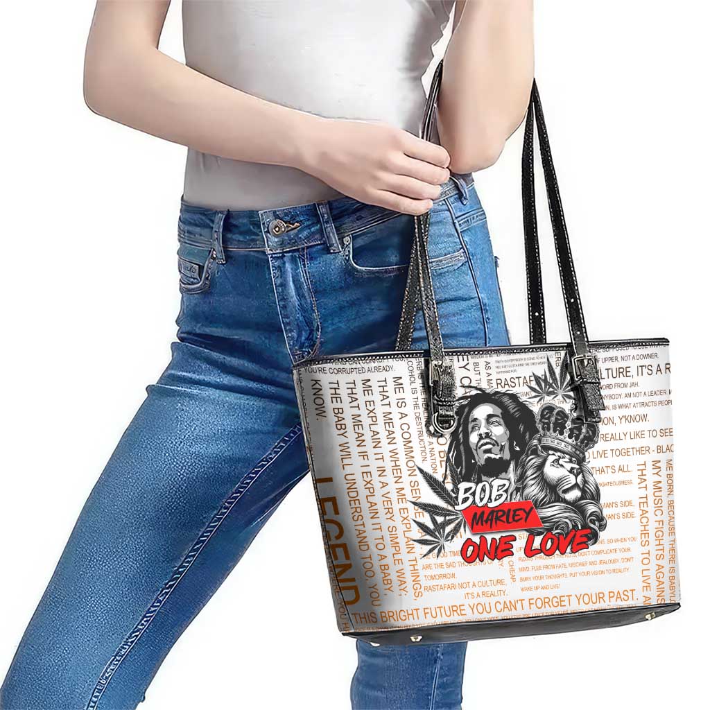 King of Reggae Legend Bob Leather Tote Bag Lion Rastafari Cannabis Typography Style
