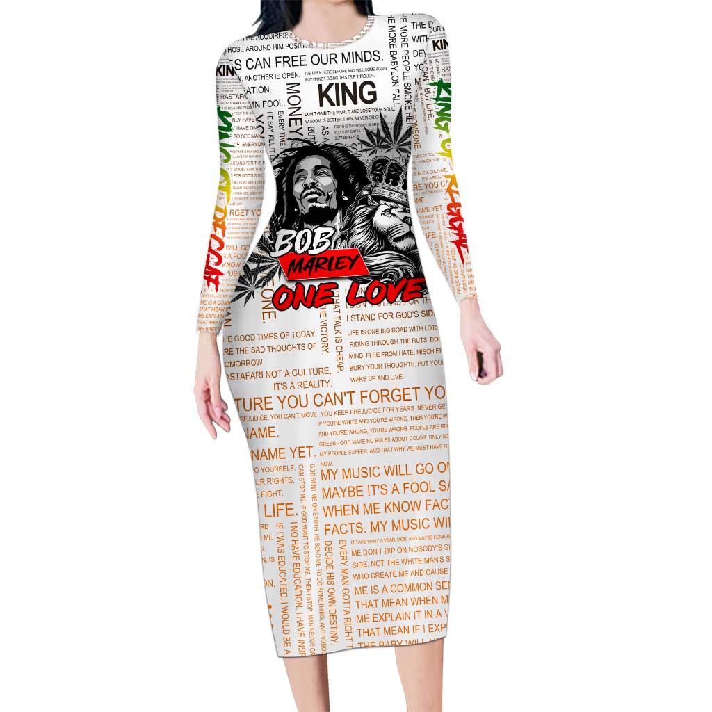 King of Reggae Legend Bob Long Sleeve Bodycon Dress Lion Rastafari Cannabis Typography Style