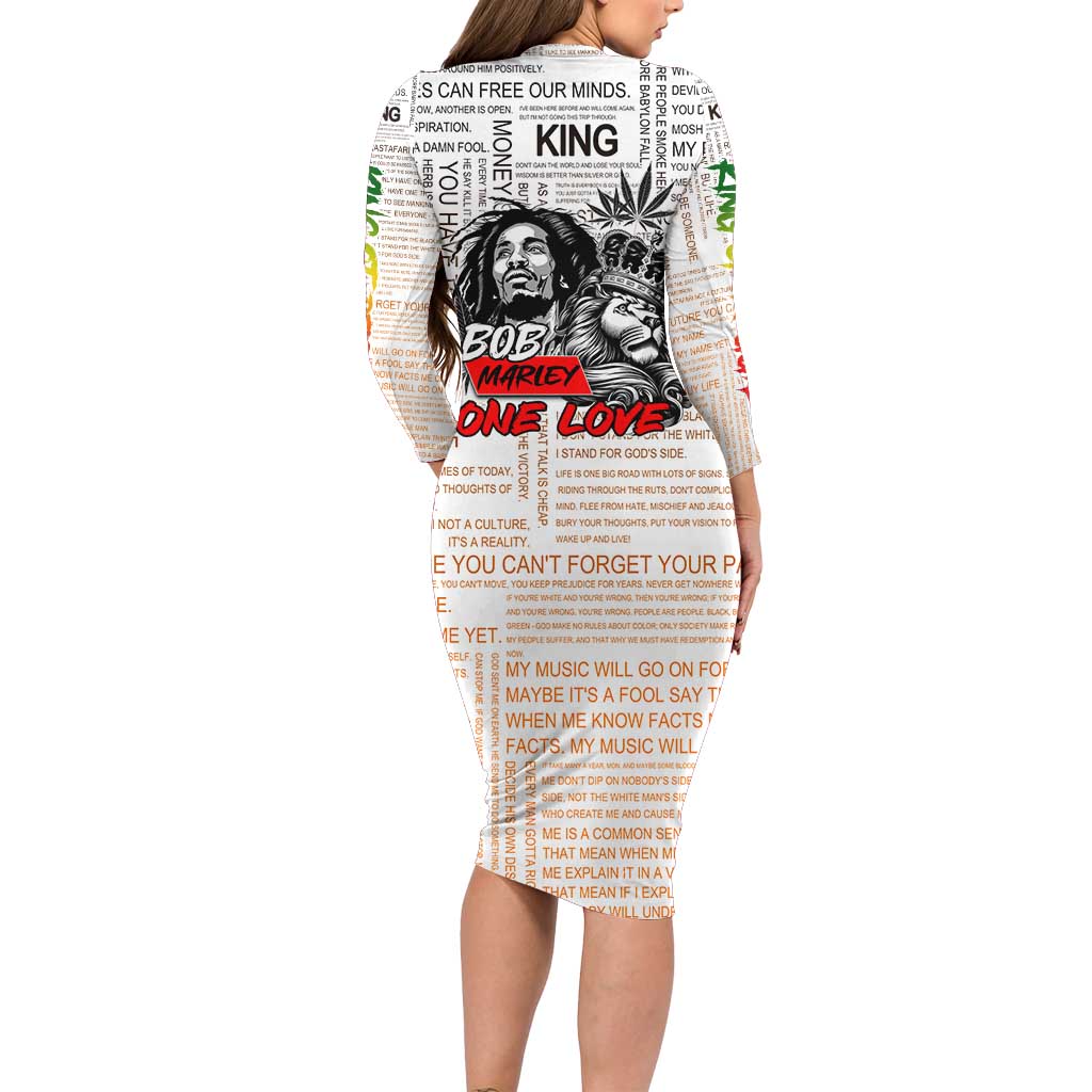 King of Reggae Legend Bob Long Sleeve Bodycon Dress Lion Rastafari Cannabis Typography Style