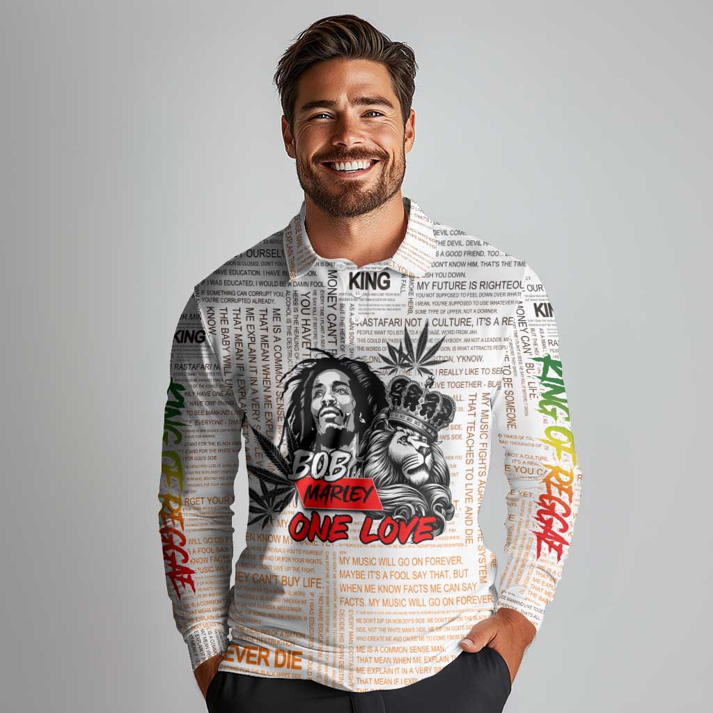 King of Reggae Legend Bob Long Sleeve Polo Shirt Lion Rastafari Cannabis Typography Style