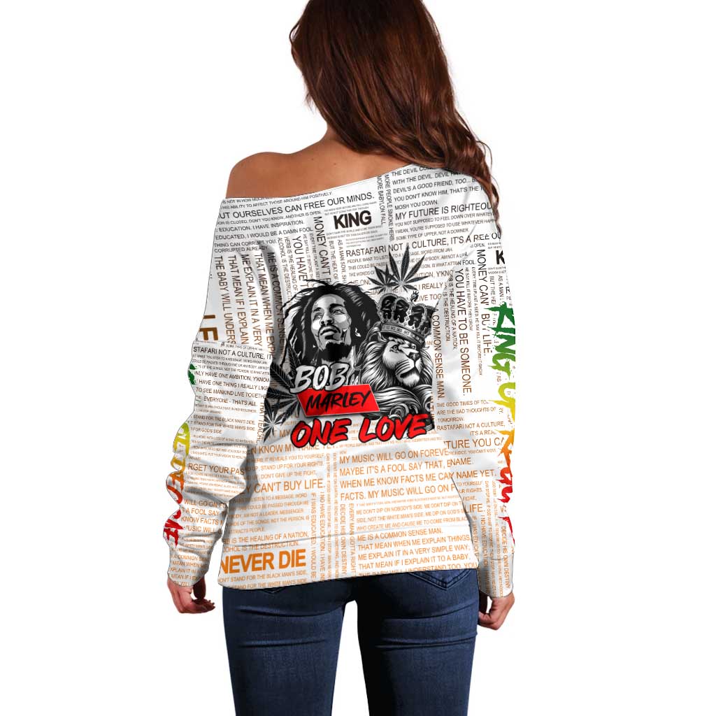 King of Reggae Legend Bob Off Shoulder Sweater Lion Rastafari Cannabis Typography Style