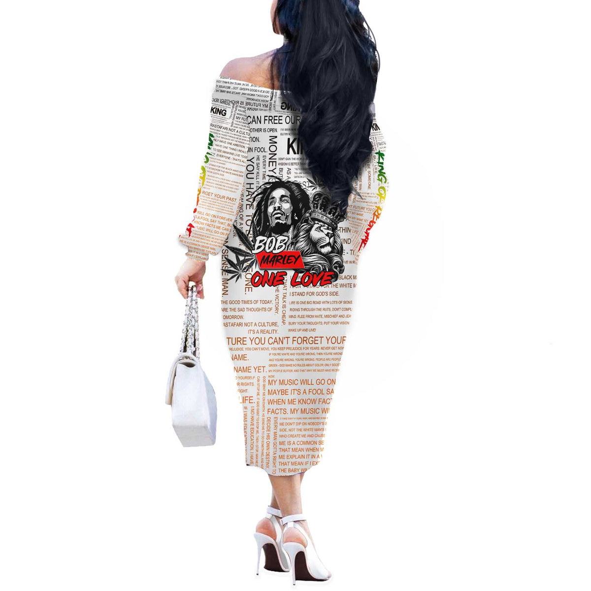 King of Reggae Legend Bob Off The Shoulder Long Sleeve Dress Lion Rastafari Cannabis Typography Style
