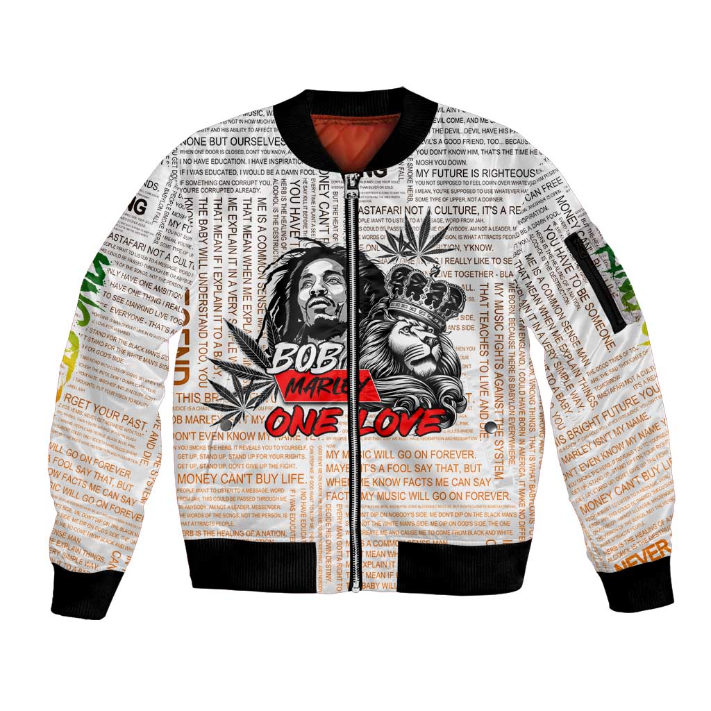 King of Reggae Legend Bob Sleeve Zip Bomber Jacket Lion Rastafari Cannabis Typography Style