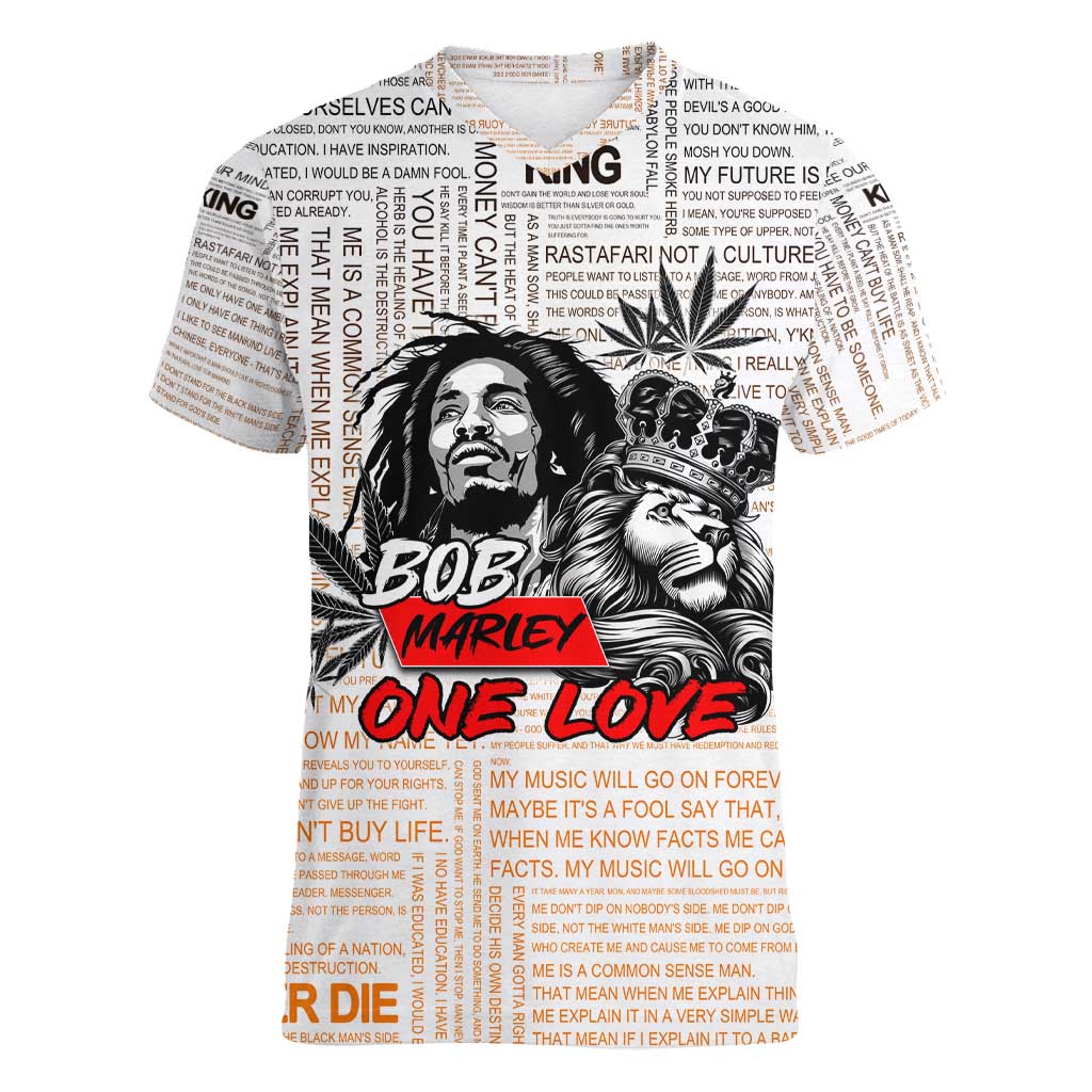 King of Reggae Legend Bob Women V-Neck T-Shirt Lion Rastafari Cannabis Typography Style