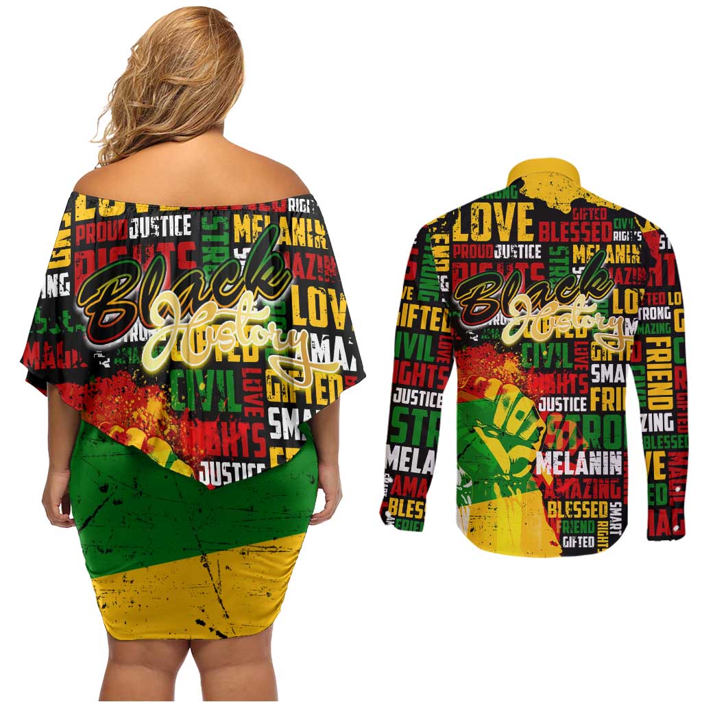 Black History Month Couples Matching Off Shoulder Short Dress and Long Sleeve Button Shirt Strength Love and Justice Typography