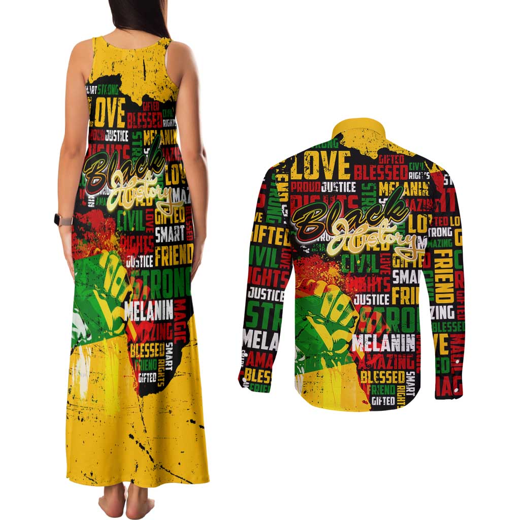 Black History Month Couples Matching Tank Maxi Dress and Long Sleeve Button Shirt Strength Love and Justice Typography