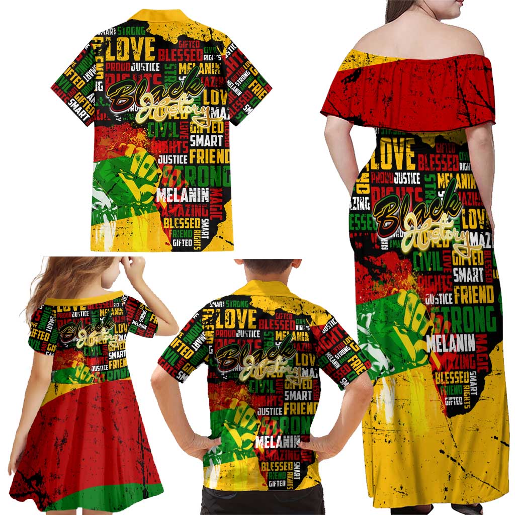 Black History Month Family Matching Off Shoulder Maxi Dress and Hawaiian Shirt Strength Love and Justice Typography