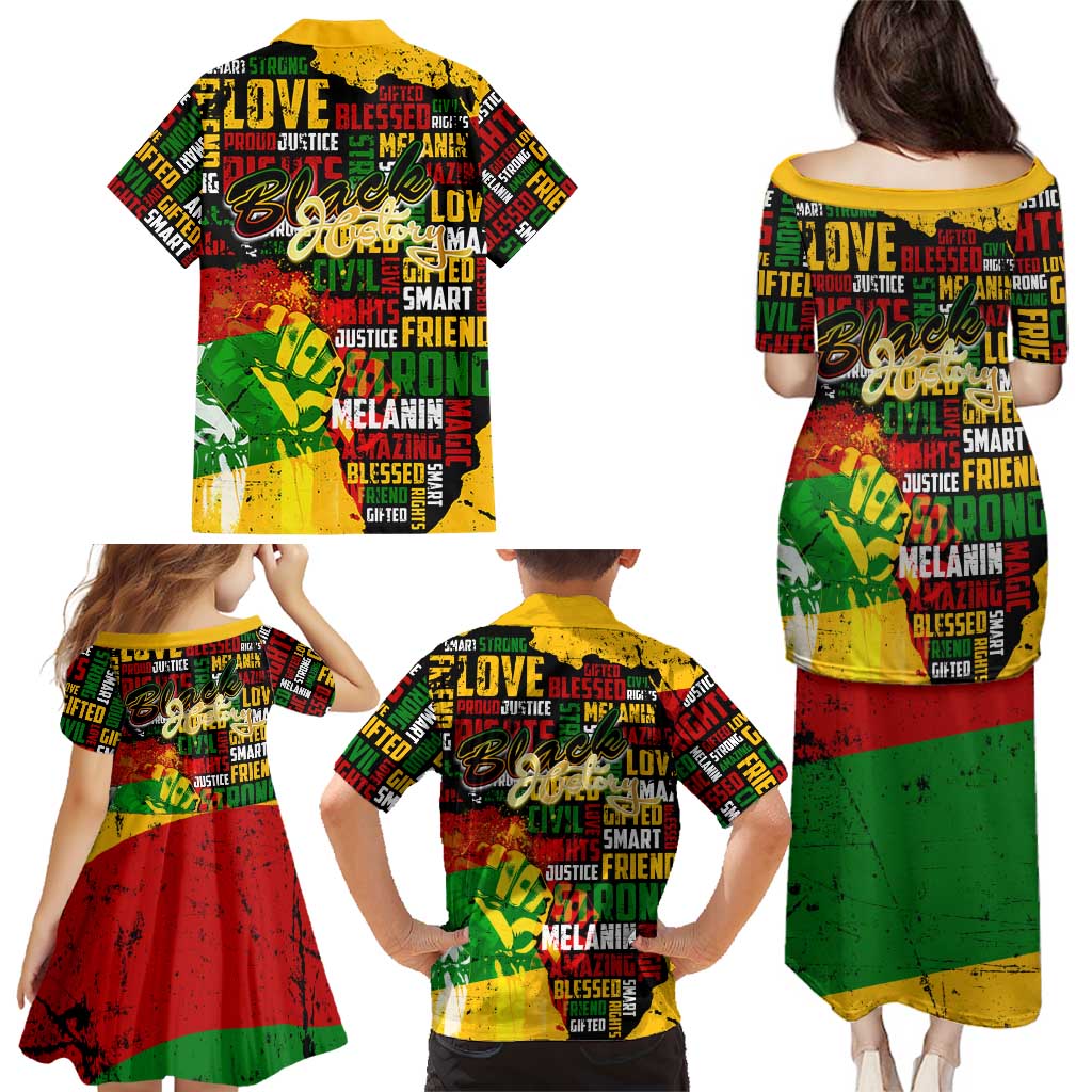 Black History Month Family Matching Puletasi and Hawaiian Shirt Strength Love and Justice Typography