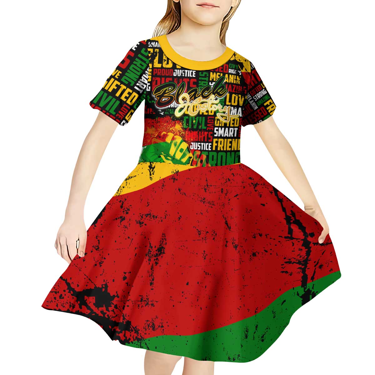 Black History Month Kid Short Sleeve Dress Strength Love and Justice Typography