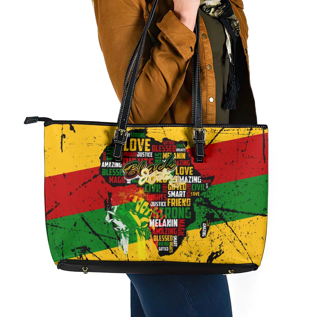 Black History Month Leather Tote Bag Strength Love and Justice Typography