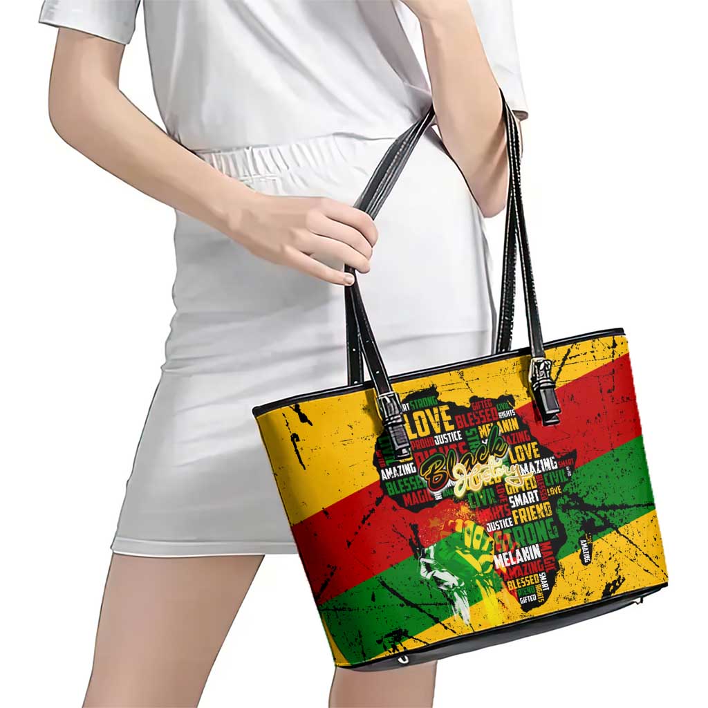 Black History Month Leather Tote Bag Strength Love and Justice Typography