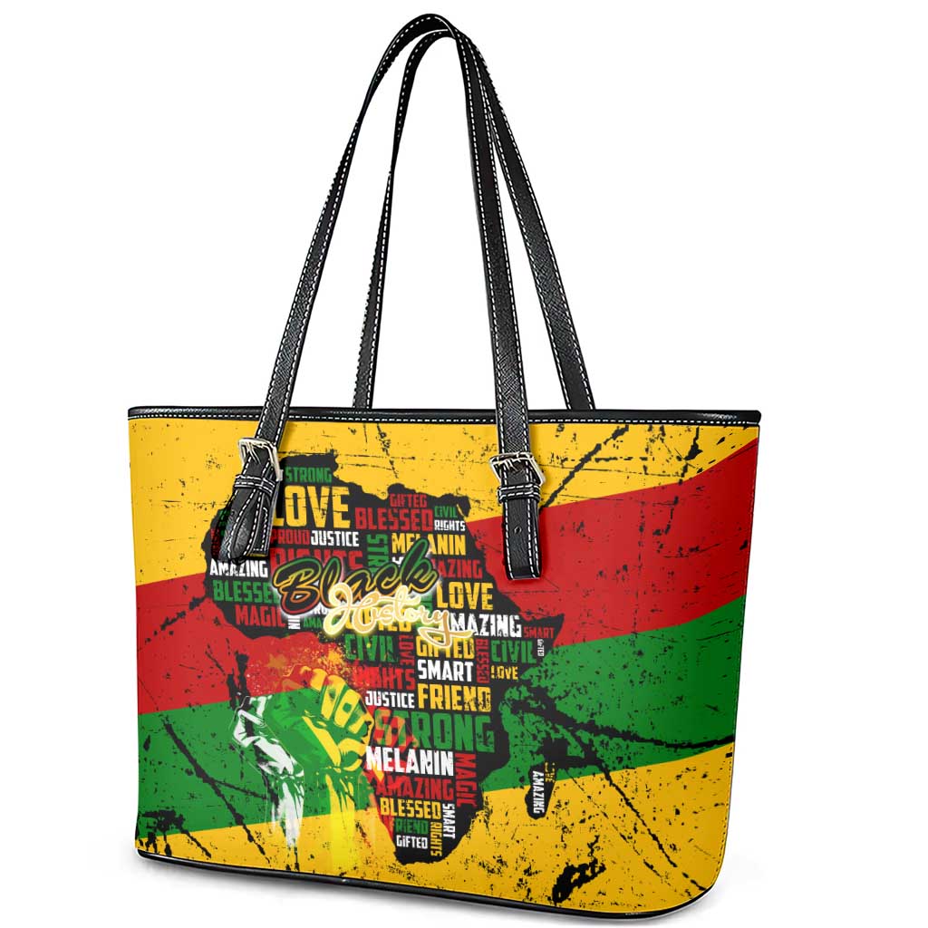 Black History Month Leather Tote Bag Strength Love and Justice Typography