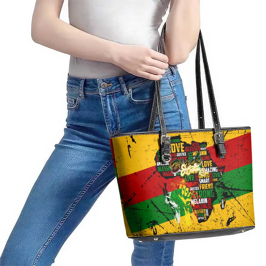 Black History Month Leather Tote Bag Strength Love and Justice Typography